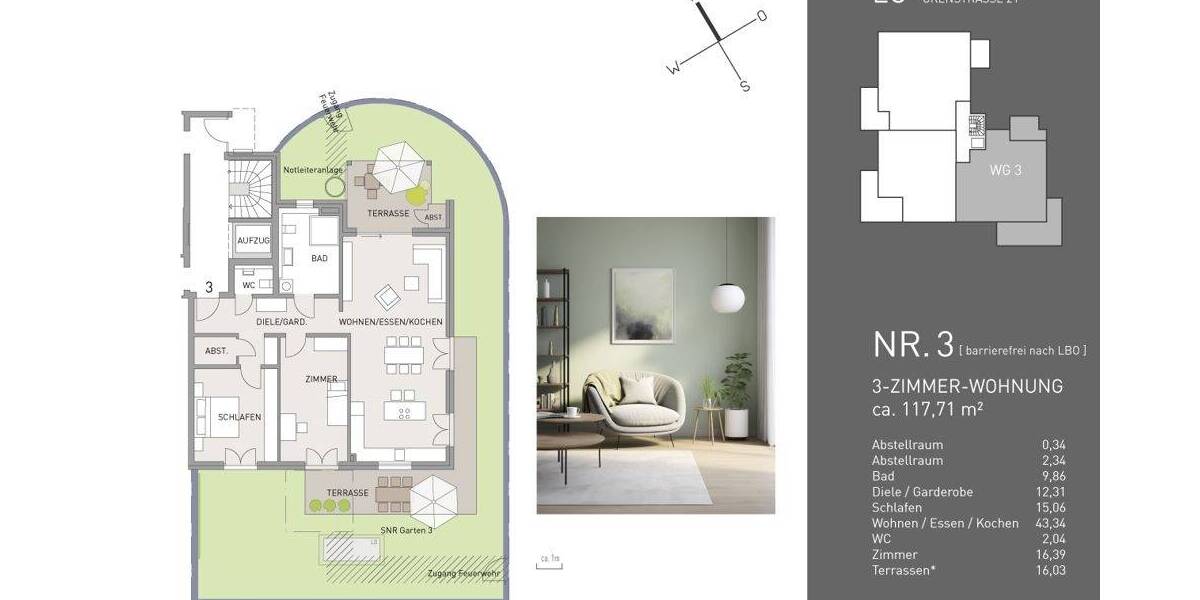 Etagenwohnung Freiburg im Breisgau Herdern - 3 Zimmer, 118 m&sup2;, 1.180.000&euro; | Angebot:25742463