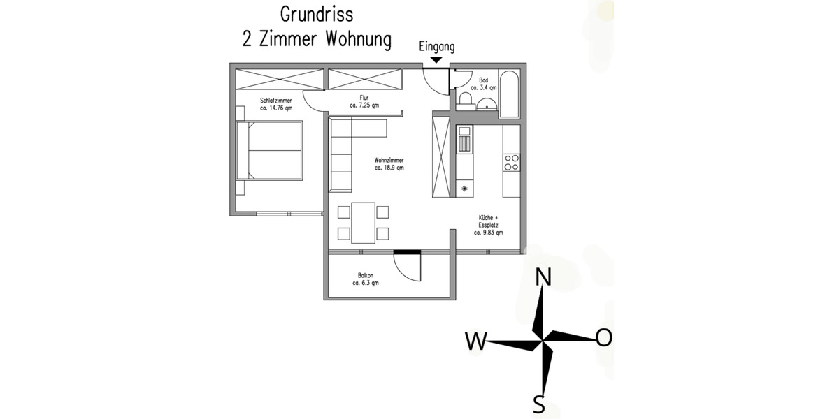 Etagenwohnung Freiburg im Breisgau Betzenhausen - 2 Zimmer, 57 m&sup2;, 249.000&euro; | Angebot:25804924