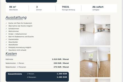 Wohnung Teningen - 3 Zimmer, 86 m&sup2;, 1.010&euro; | Angebot:27603048